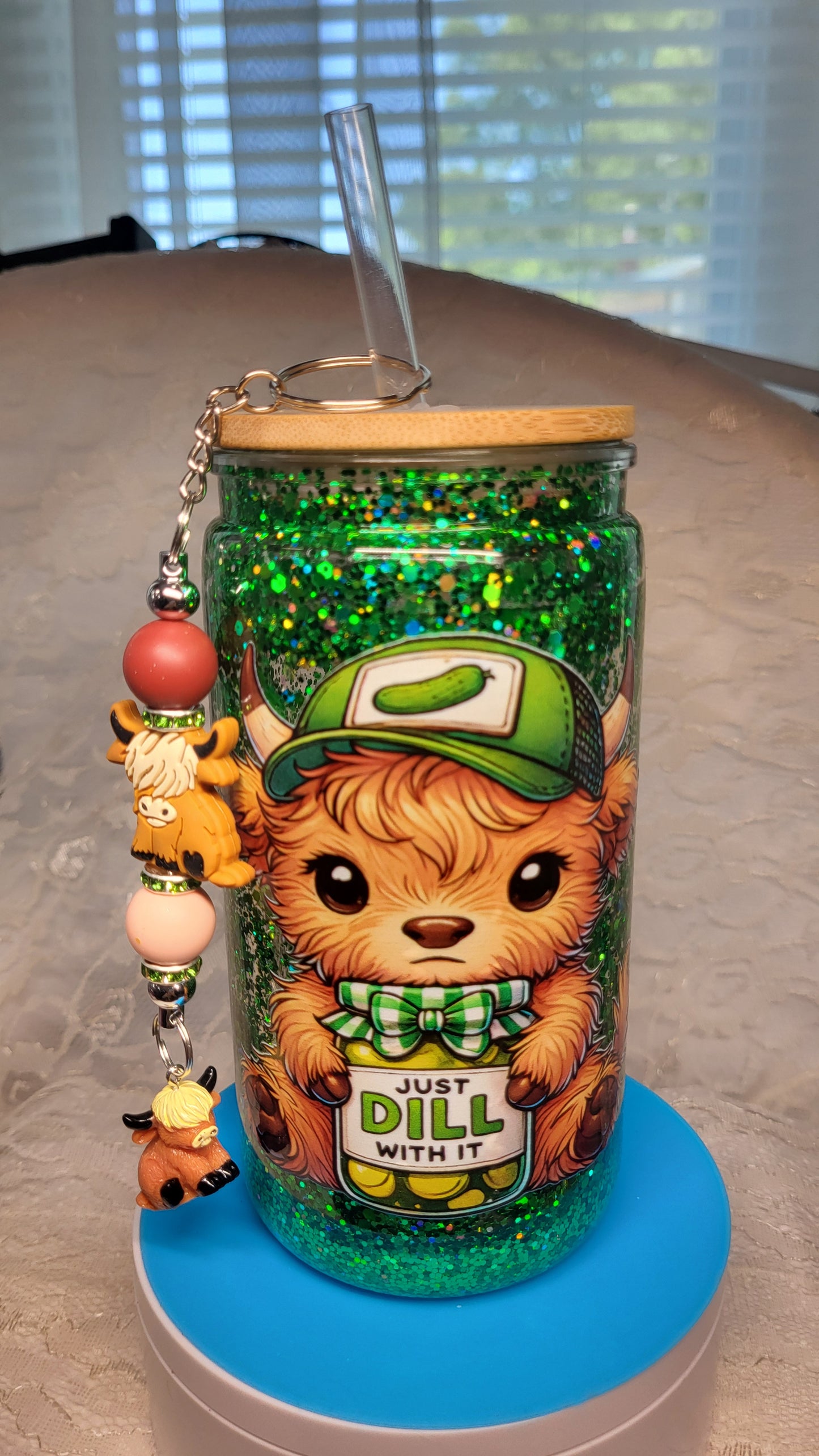 Just Dill With It Highland 16 oz Glitter tumbler w/matching Straw Charm/keychain