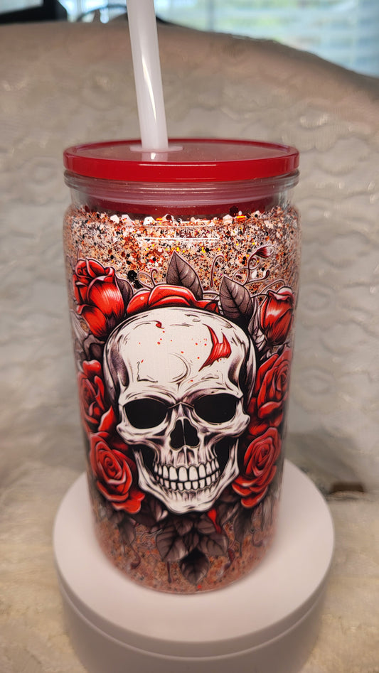 Skull and Roses 16 Oz Glittered Tumbler